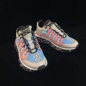 VERSACE Trigreca Lace-Up Sneakers / Size 38 / Silver Argento, Sky, Bright Coral